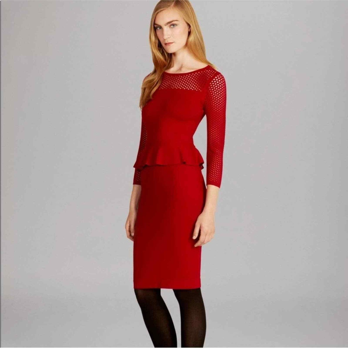 karen millen red peplum dress Karen Millen Compact Stretch Ruffle Peplum Belted Pencil Midi Dress in Tomato Red