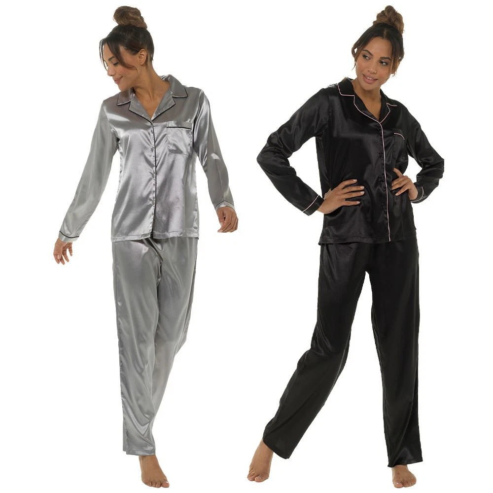Button Satin Pyjamas Ladies Traditional Shiny Tailored Pyjama Set Nightwear