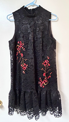 Nicole Miller Black/Red Embroidery Dress Wm.12 High Neck Lace FairyCore  Festival | eBay