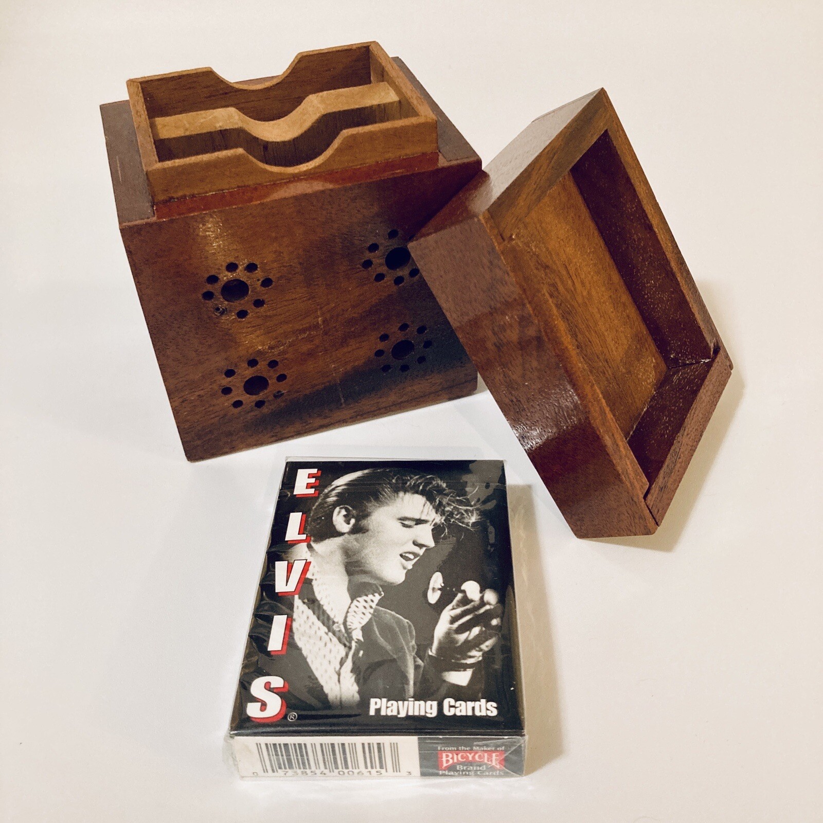 Vintage Handmade Wooden Card Box, Holds 2 Decks 4x3x4.5” Includes ELVIS Deck