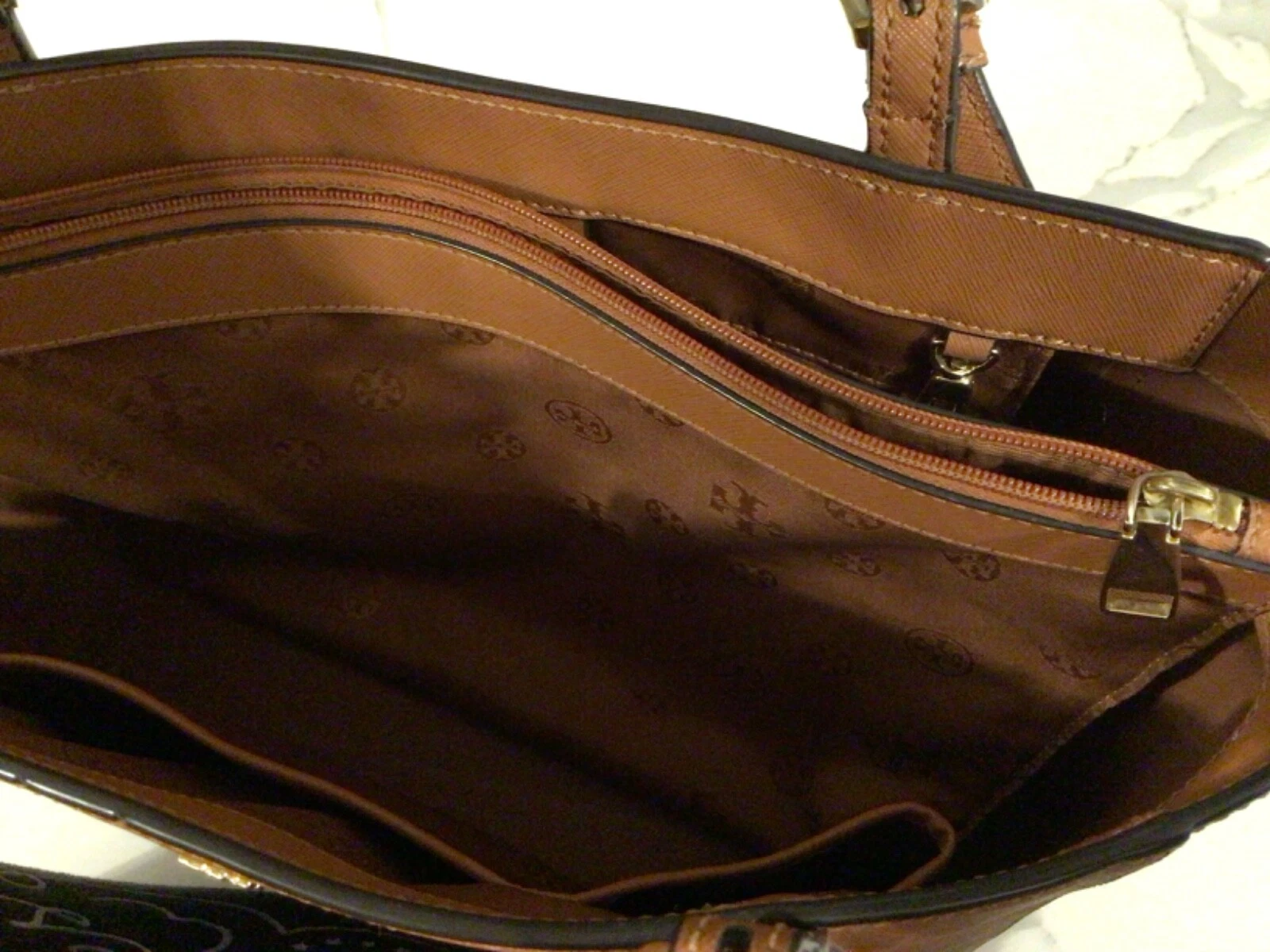 Borsa media Tory Burch Emerson tela pelle marrone caramello