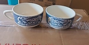 2 Blue Willow Currier & Ives Coffee Tea Cup Mug Woman Horse Drawn Buggy 