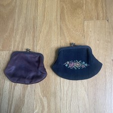 Two Vtg Coin Purses- Black Floral Design Maroon Kiss Lock Closure