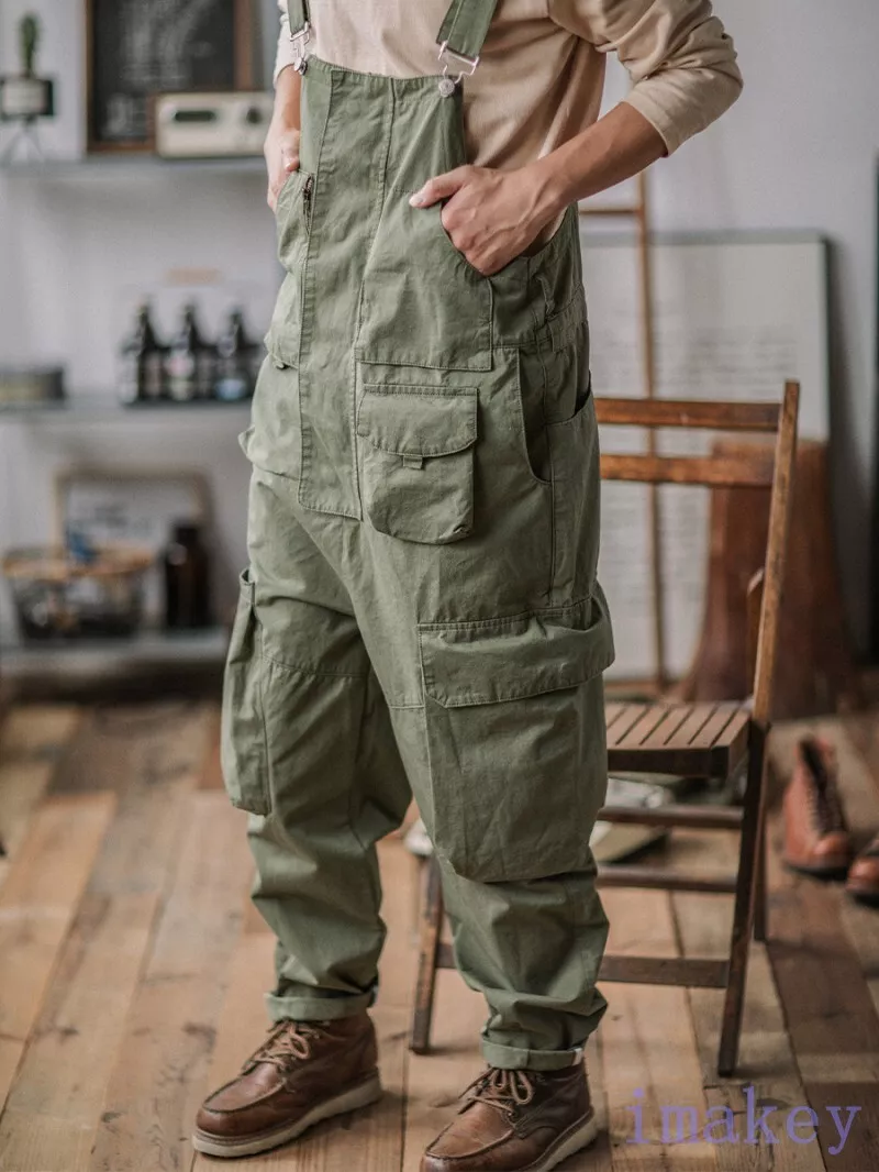 Mens Vintage Loose Cotton Overalls Suspender Pants Outwork