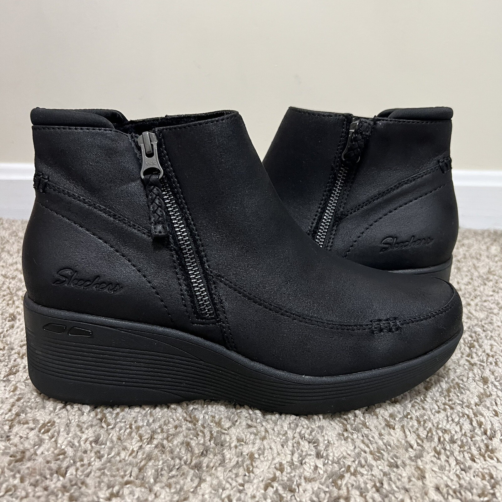 Skechers Pier Lite Natural Charm Bootie Wedge Heel Black Size 8