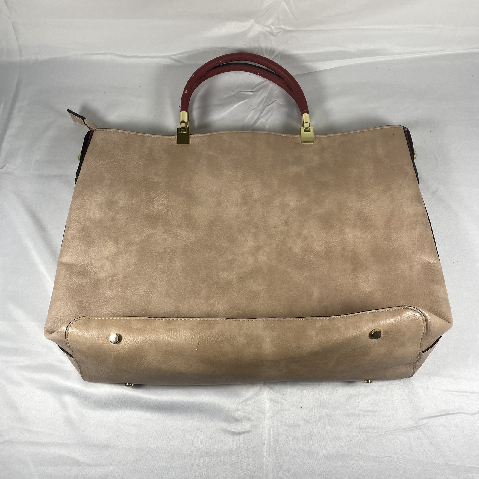 Steve Madden Womens Large Beige Red Faux Leather Tote Satchel Handbag