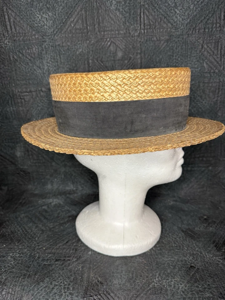 Chapéu barco vintage 1920s marrom fita palha iate náutico Gatsby Finchley May Co NY - Imagem 4 de 4