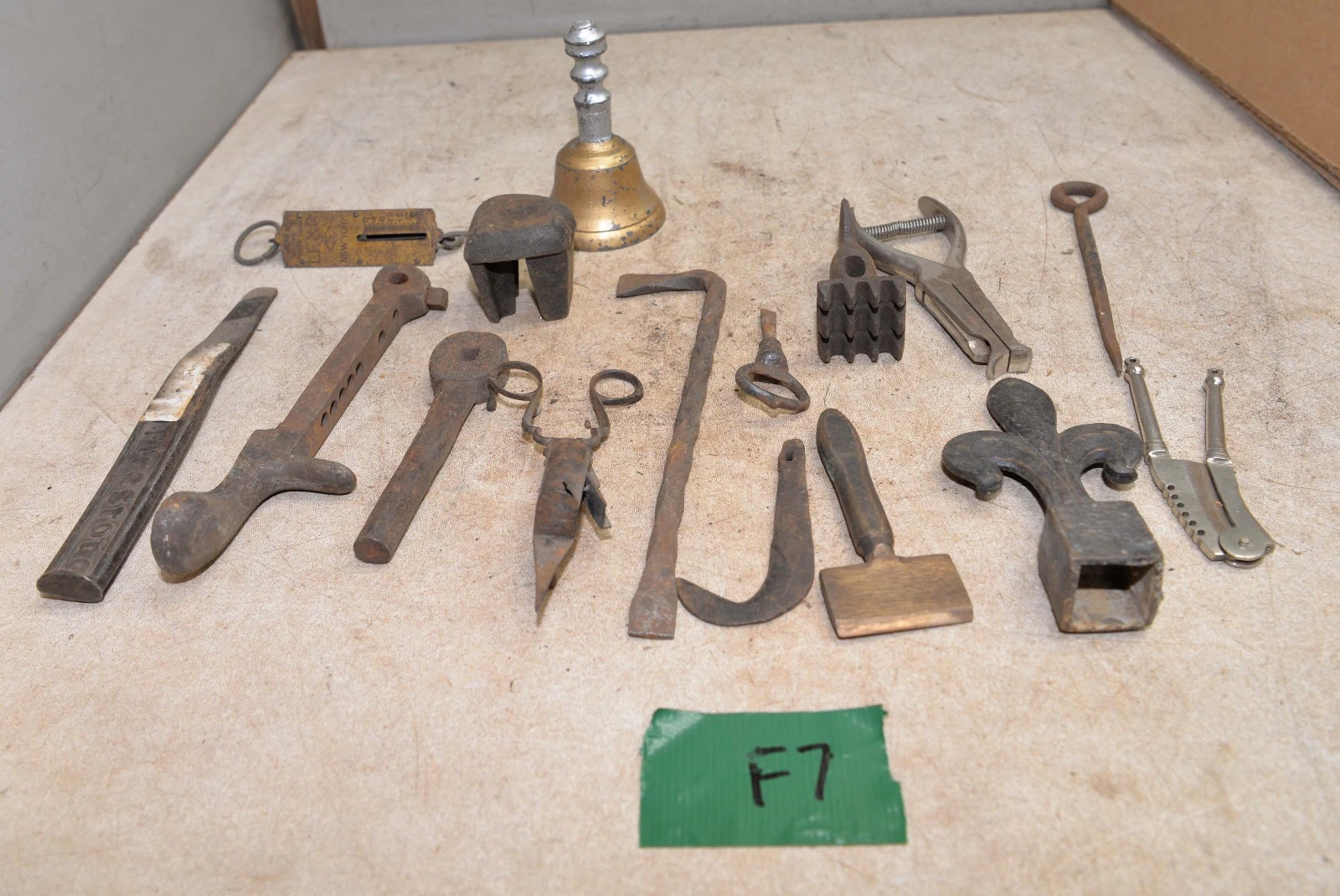 Antique odd tool lot scale wick sicssors finial hammer nutcracker bell pliers F7