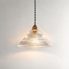 Mid Century Retro Ribbed Clear Glass Shade Ceiling Pendant Lamp for Dining Room