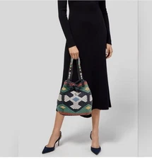 Tory Burch Aztec Woven Large Drawstring Tote in Navy Sea Size Medium/ Large