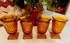 4 Vtg Retro Indiana Glass Mt. Vernon Amber 6” Ice Tea Glasses Square Footed