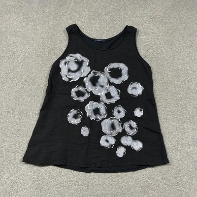C'est Parfait! Tank Womens M Black Linen Cotton Floral Scoop Neck Top Italy