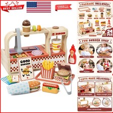 Wooden Play Food Set: Hamburger Counter with Realistic Fast Food Accessories
