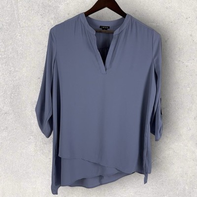 IMAN Popover Tunic Top V Neck Flowy Overlay Blue Roll Tab Sleeve Office Size L