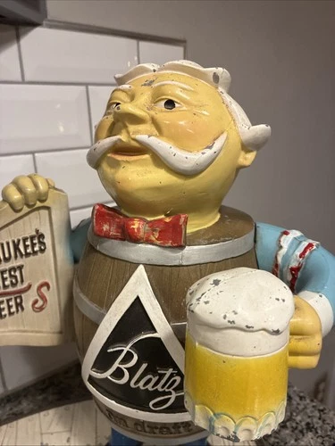Vintage Blatz Beer on Draft Barrel Man Advertising Bar Statue Cast Metal Sign