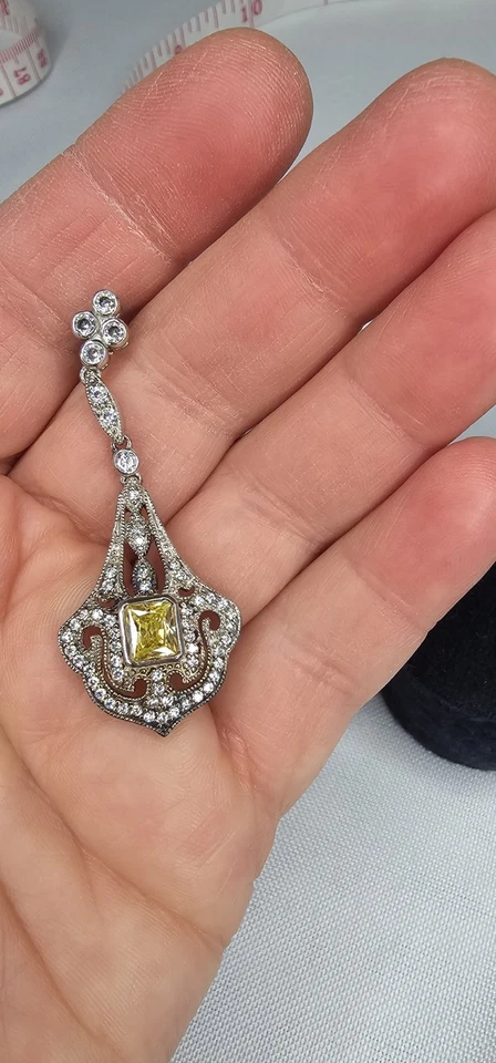 ESPO sterling Silver Cubic Zirconia Yellow Citrine Dangle Drop Post Earrings - Image 2 of 4