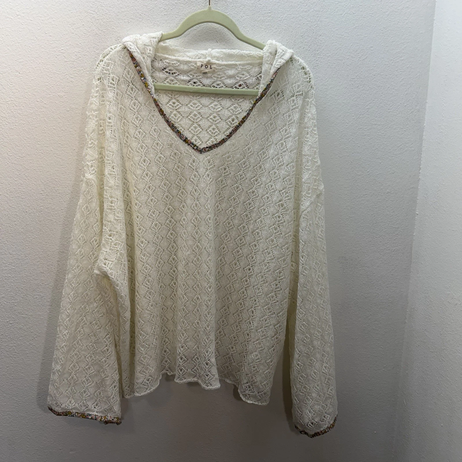 POL Knit Open Knit Sweater Top Cream Floral Trim Hoodie Long Sleeve Size L Boho