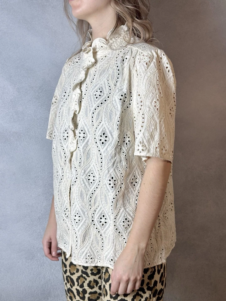 Camisa de encaje Sezane beige botones blusa volantes algodón manga corta para mujer talla 44 Foto 3 de 4