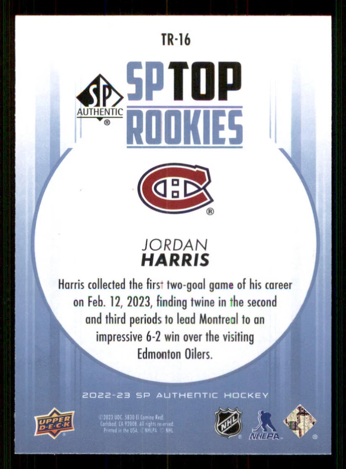 2022-23 SP Authentic Top Rookies Blue #TR16 Jordan Harris - Image 2 of 2