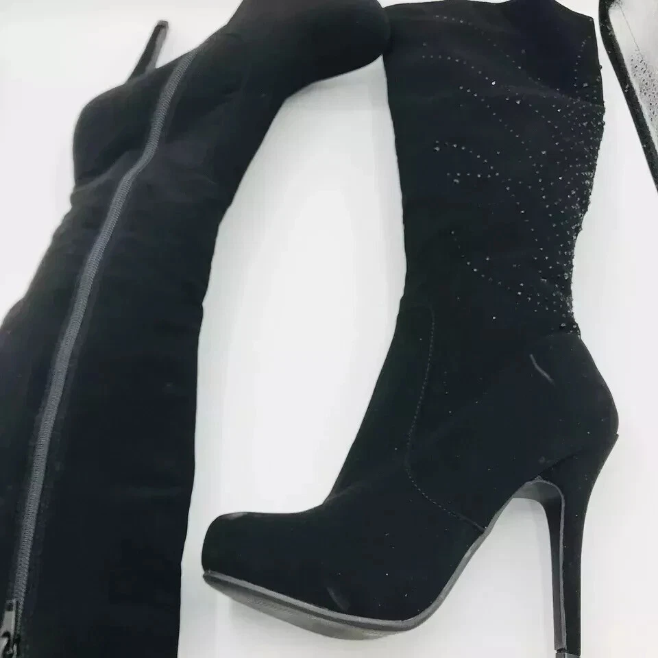 Botas Madeline Niña Mujer 7 M Negras MGDASH Tacones Hasta la Rodilla Cremallera Estrás Motociclista Foto 3 de 4