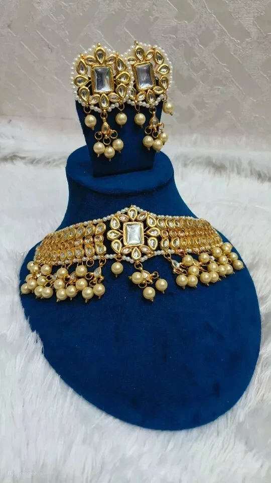 Conjunto de brincos de colar de noiva Kundan folheados a ouro indiano Bollywood - Imagem 2 de 4