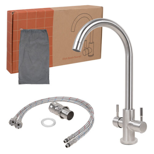 Modern Mono Kitchen Sink Mixer Tap Brushed Chrome Twin Lever Swivel Spout Faucet - Picture 2 of 13