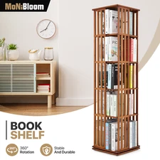 5 Tiers Brown Bamboo Rotating Bookshelf Open Shelving Storage Rack Freestanding