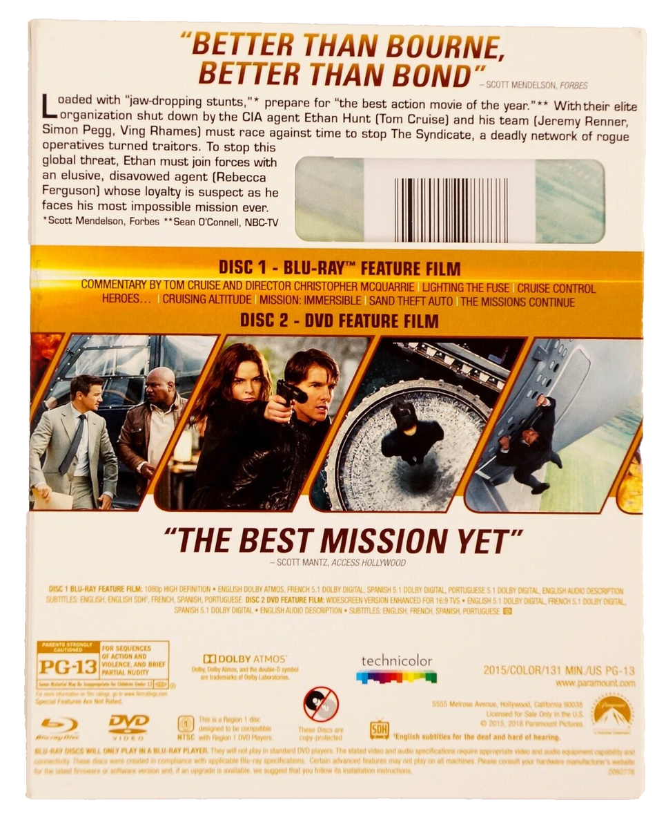 Mission: Impossible-5, Rogue Nation (Blu-Ray +DVD) with slipcase