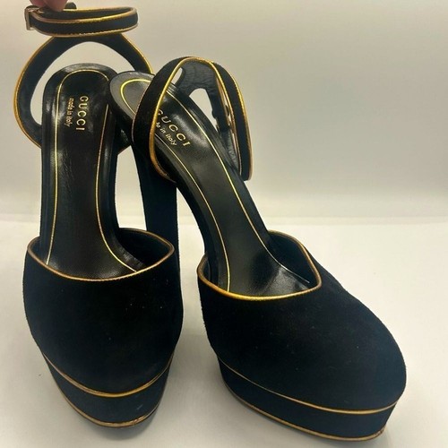 Authentic Gucci Milan Runway Black Suede Gold Trim 6 inch High Heels Size 7.5 - 第 1/13 張圖片