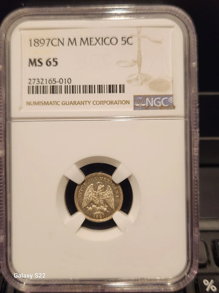 1897 CN M Culiacan, Mexico 5 Centavos NGC MS65 Silver Coin (Pop 6, 2 Higher) - Image 2 of 4
