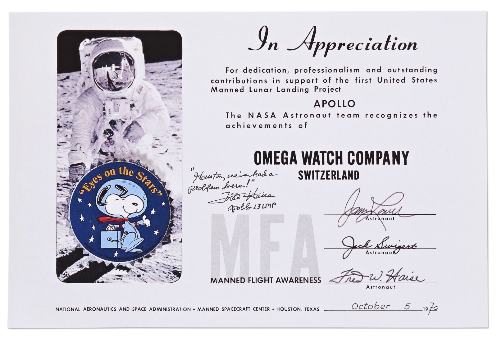 Fred Haise Signed Snoopy Award NASA Certificate Given to the Omega Watch Company