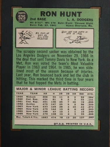 Tarjeta de béisbol 1967 Topps #525 Ron Hunt (nuevo) - Imagen 2 de 2