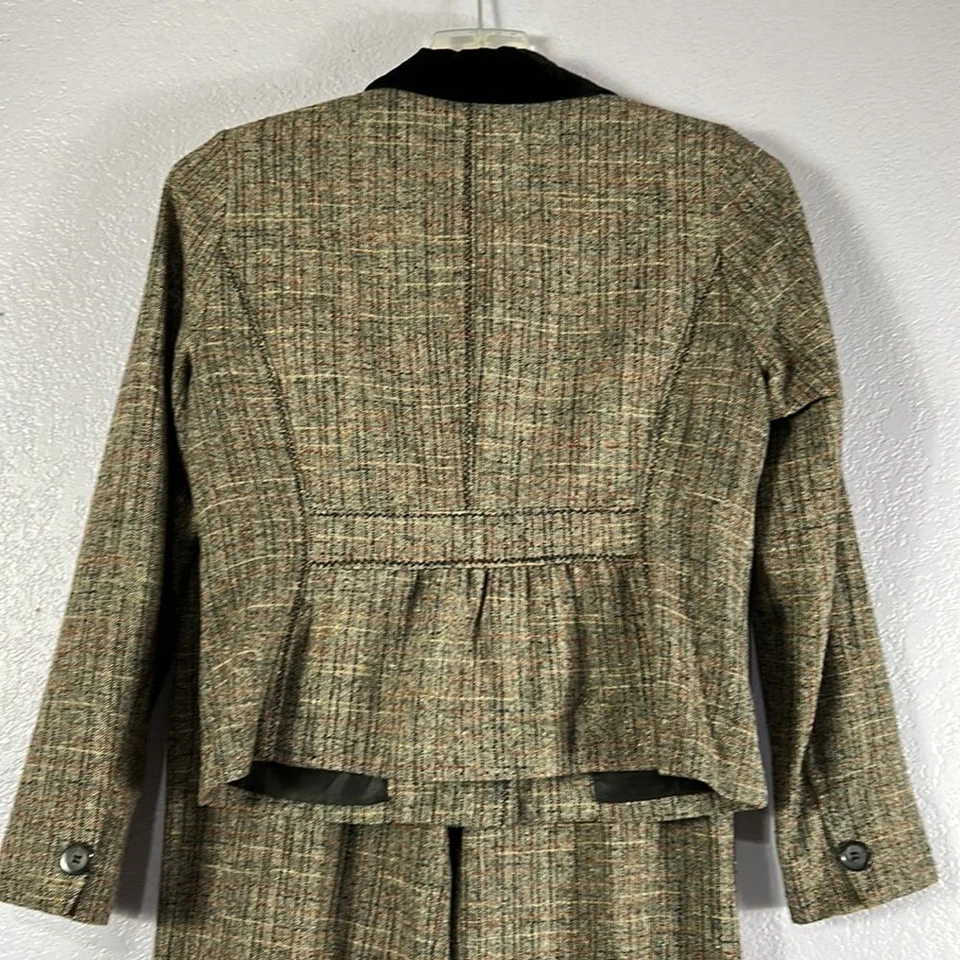 Traje pantalón vintage E-COL-O-GIE mezcla lana tweed con ribete de terciopelo, talla 6 Foto 3 de 4