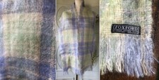 VTG MOHAIR WOOL FUZZY MUFFLER SCARF LIME GREEN PERIWINKLE CREAM IRELAND EUC 63"