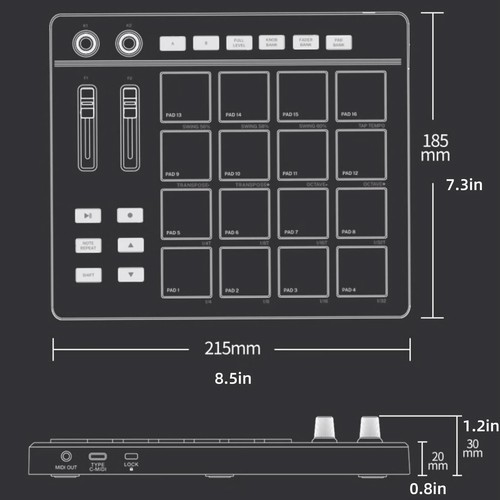 USB MIDI Controller Beat Maker 16 Beat Pads 2 Fader Knobs Drum Machine - Picture 13 of 14
