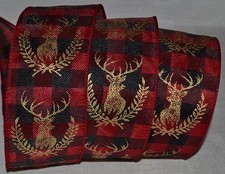 Wired Ribbon Christmas Gold Buck Holiday Red Plaid 2.5" Black Deer Wreath Bow