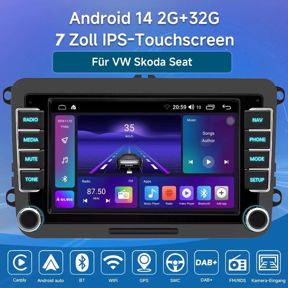 Android 14 GPS Navi 2+32GB CarPlay für VW Autoradio TOURAN GOLF Tiguan PASSAT - Bild 2 von 4