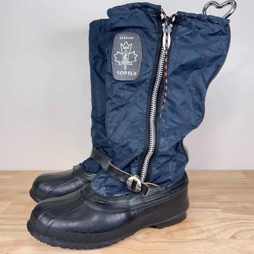 VTG 80s 90s Sorel Mens 9 Acadian Kaufman Navy Zippered Snow Boots Made Canada