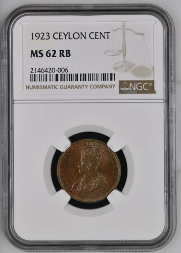 1923 CEYLON Copper CENT NGC MS-62 RB
