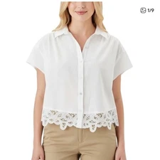American Eagle Linen Blend Eyelet Lace Hem Button Down Shirt White Size Large