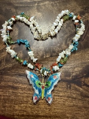 Vintage Multicolor Cloisonné Butterfly Pendant on 17  2-Strand Gemstone Necklace