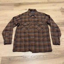 Vintage 70s Pendleton Wool Board Shirt M Brown Plaid Loop Collar Flannel USA