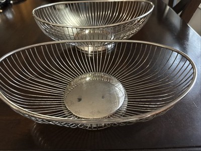 Pair VTG Leonard Silver Plated Wire Fruit Basket Oval MCM Bread Bowl Hong Kong