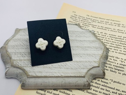 Japanese Mino Ware Ceramic Earrings White Flower Pearl Japan Authentic