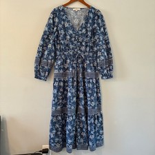 LOFT Dress Wom M Blue Floral Tiered Maxi VNeck Long Sleeve Smocked Waist Cottage