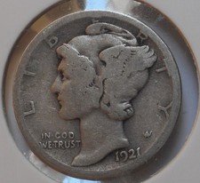 1921-d . Mercury Dime . G . Good . 90% Silver . Simi-Key . Clear D