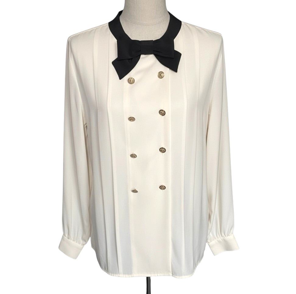 VTG La Chine Classic IVORY PLEATED TOP BLOUSE Pussy Bow Gold Buttons Silky SZ 12