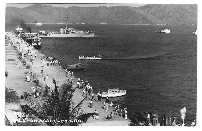 Malecón Harbor 988 RPPC Acapulco Mexico Ships Crowd 1940s Real Photo Postcard