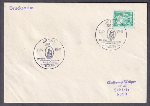 Sonderstempel Jena 1989 Antrittsrede Schiller an Universität vor 200 Jahren
