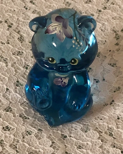 FENTON Hand Painted Blue Glass Bear Figurine 3.5” - Signed